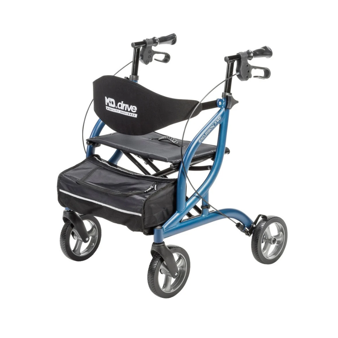 Blue Drive MD Excursion XWD Bariatric Rollator with four wheels, a padded seat, a black backrest, and a storage pouch attached to the front.
